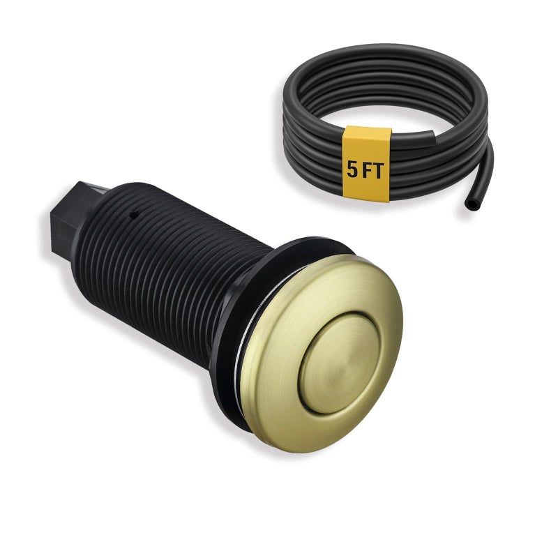 BESTILL Sink Top Garbage Disposal Air Switch Button with 5 Ft Air Hose, Brushed Gold 3.6" Long On/Off Push Button with Brass Cover, Compatible with all Power Modules - Image 1